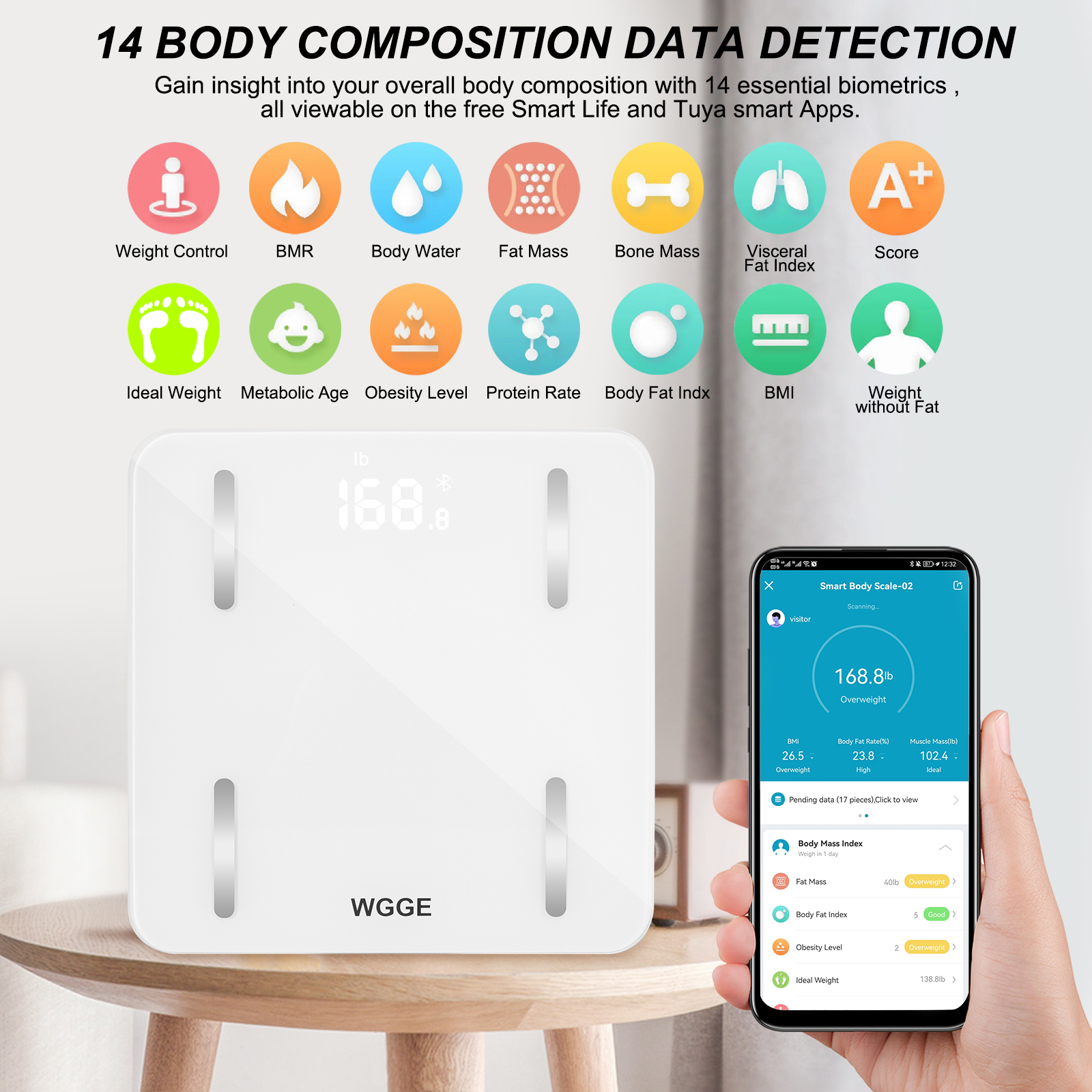 Wellue Smart Scale, 15 Body Composition Monitor, Bathroom BMI Scale with Bluetooth